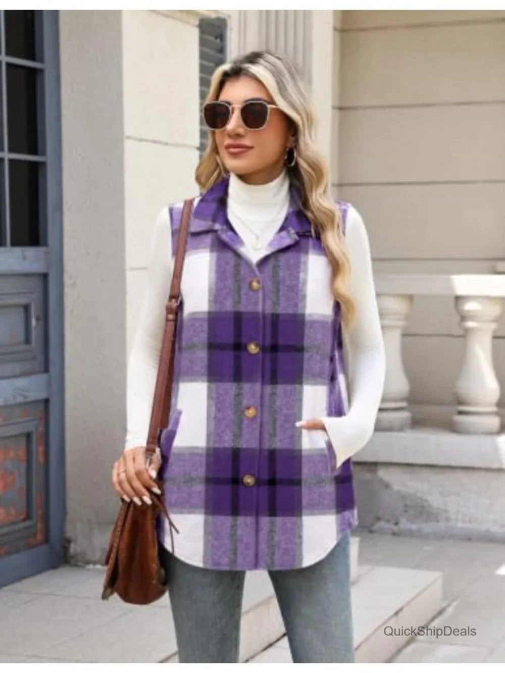 Women's Flannel Plaid Vest Sleeveless Button Down Lapel Collar Lightweight